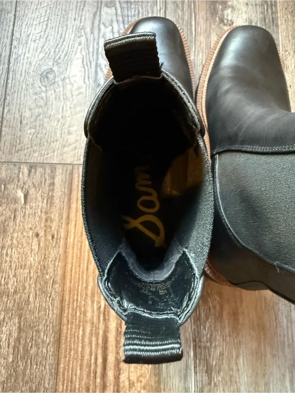 Sam Edelman Black Leather Chelsea Lug Booties with Brown Welt
